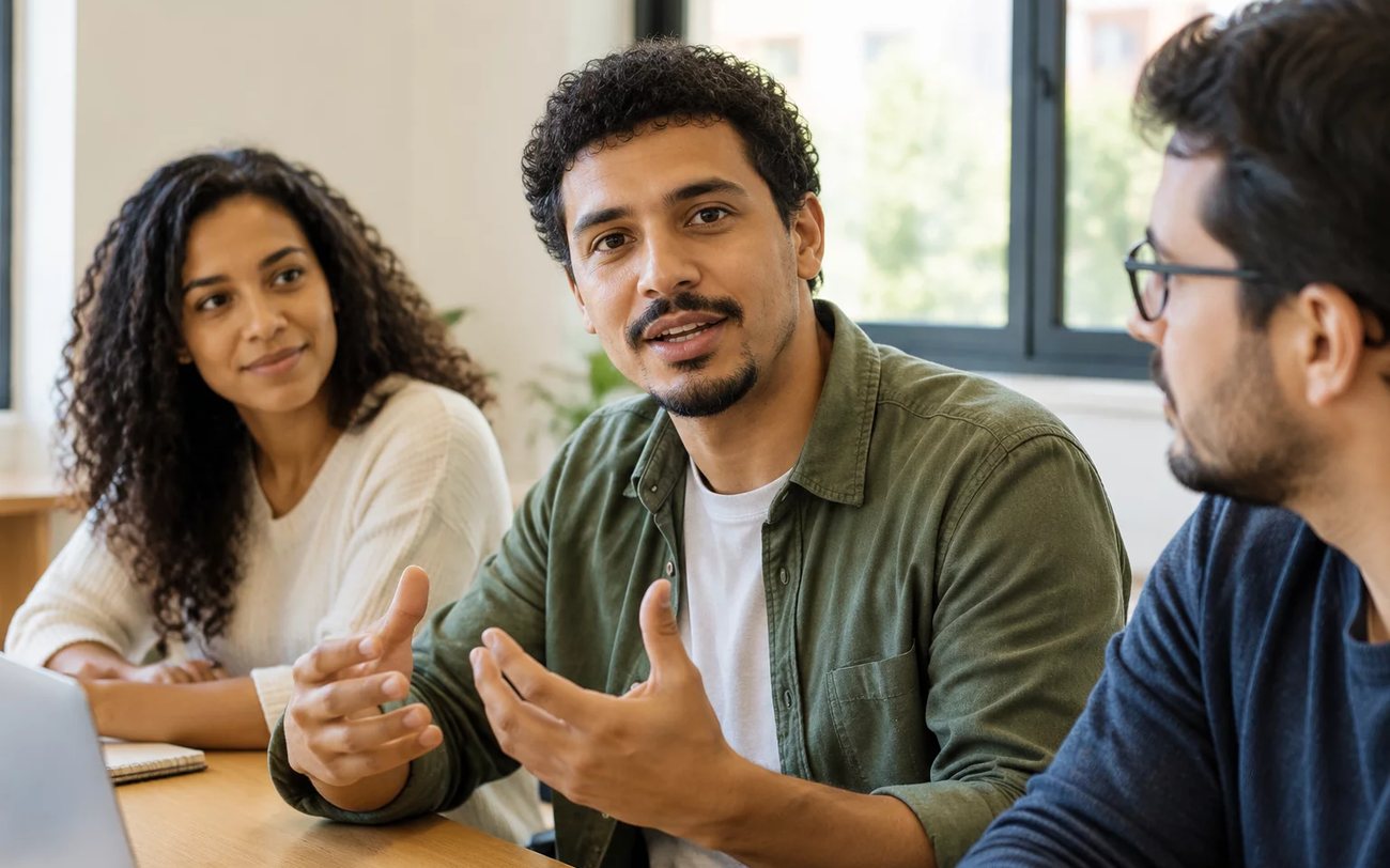 Roda de conversa numa sala clara, com uma pessoa expondo o ponto e duas escutando