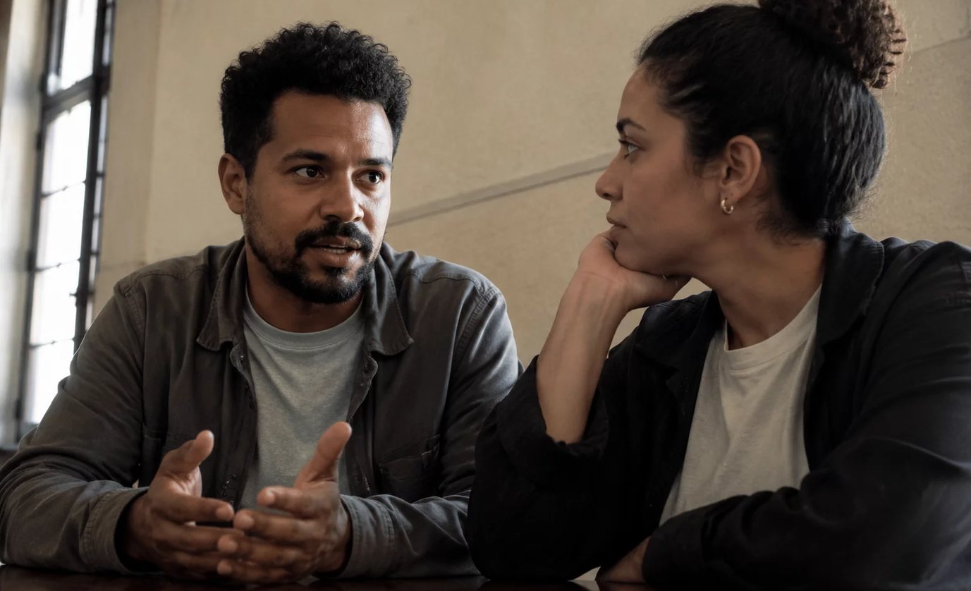 Três participantes conversam ao redor de uma mesa comprida numa sala clara de janelas altas