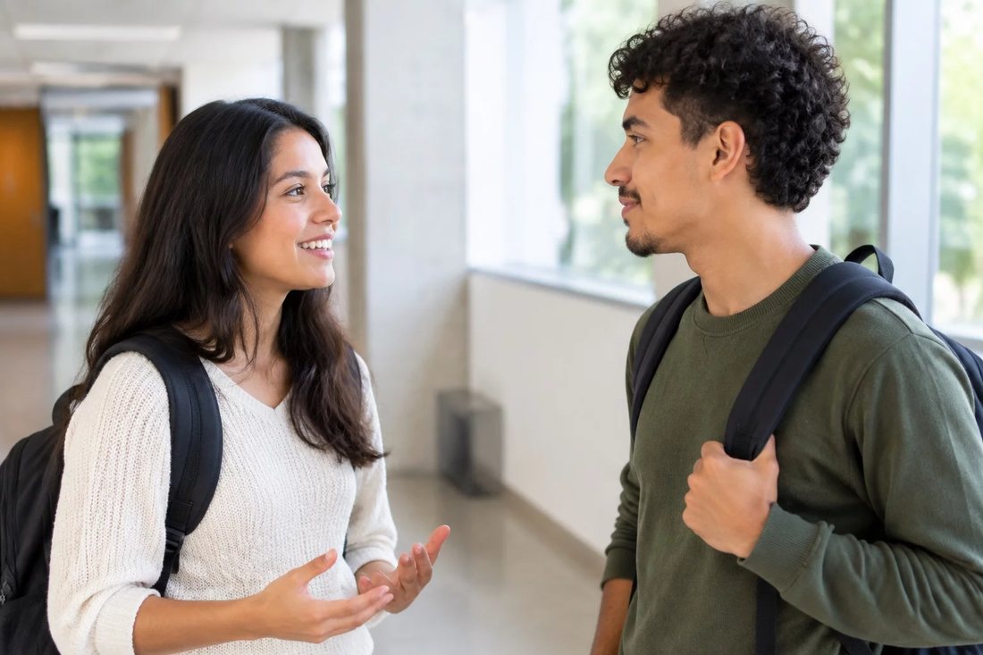 Dois estudantes de mochila continuam a discussão no corredor depois da sessão