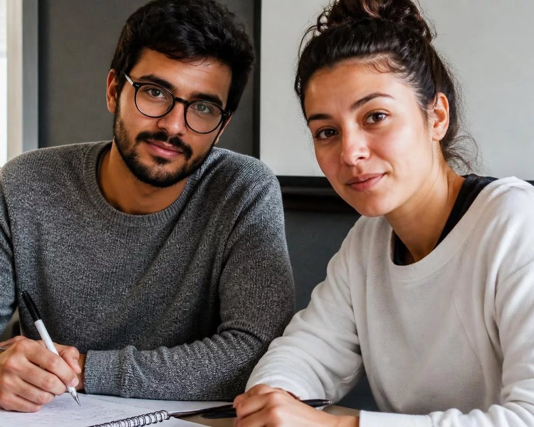 Reunião de trabalho em volta de uma mesa com laptop, papéis e xícaras, alguém defendendo uma proposta