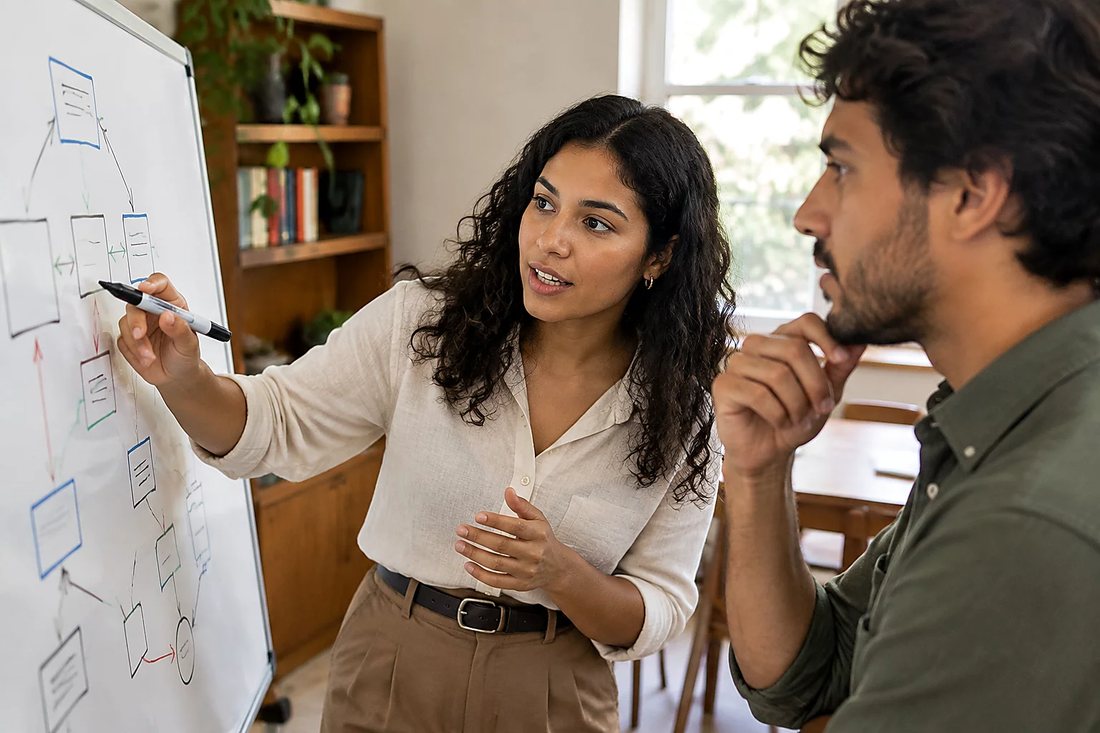 Facilitadora aponta para um mapa de argumento desenhado no quadro branco enquanto um participante acompanha